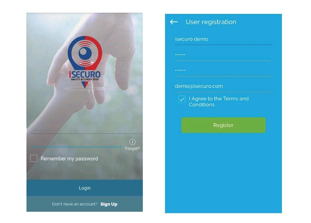 iSecuro mobile software login and registration screens